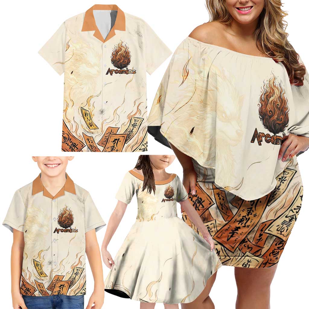 Arcanine Family Matching Off Shoulder Short Dress and Hawaiian Shirt Japanese Spell Tag Fire Art