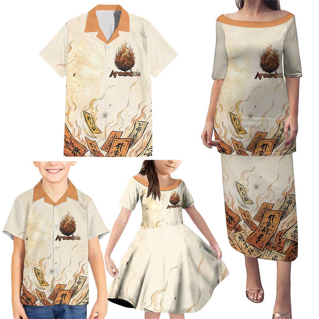 Arcanine Family Matching Puletasi and Hawaiian Shirt Japanese Spell Tag Fire Art