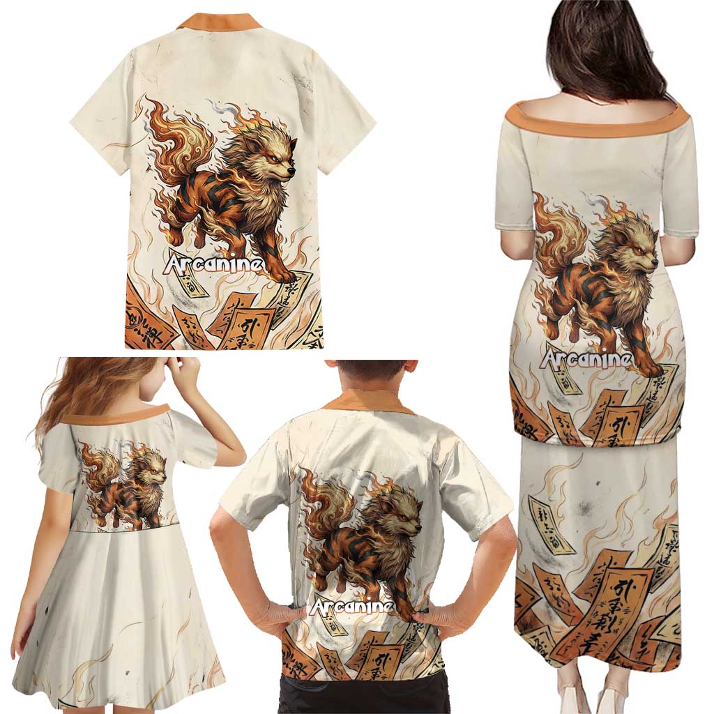 Arcanine Family Matching Puletasi and Hawaiian Shirt Japanese Spell Tag Fire Art