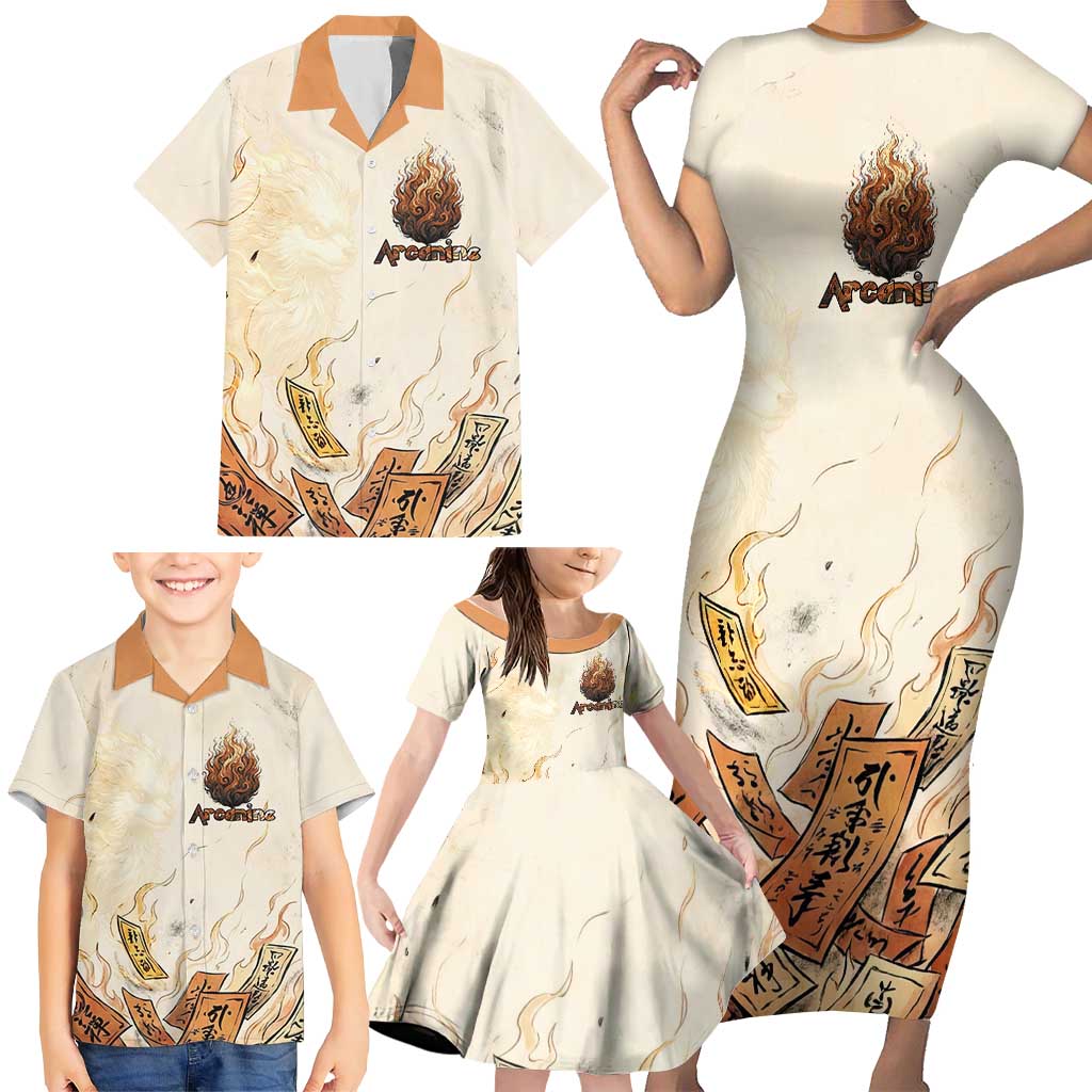 Arcanine Family Matching Short Sleeve Bodycon Dress and Hawaiian Shirt Japanese Spell Tag Fire Art