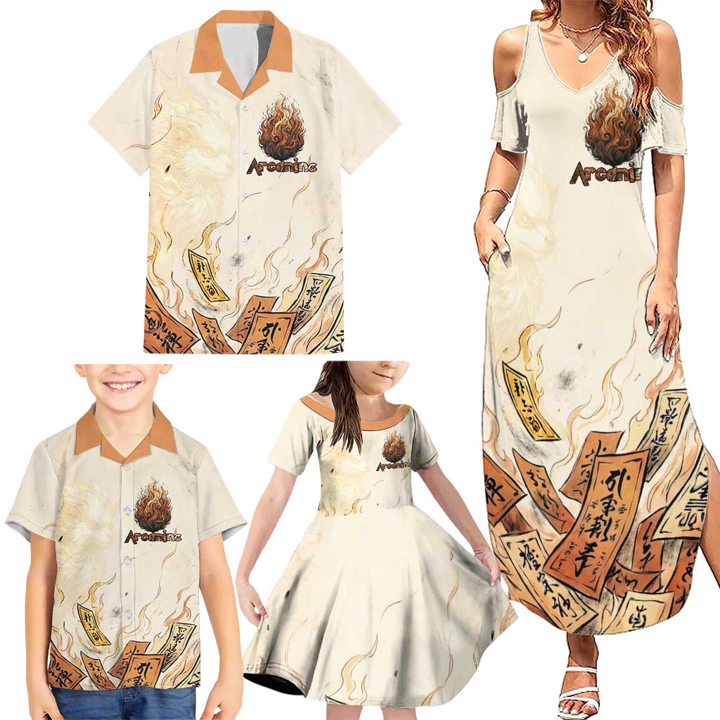 Arcanine Family Matching Summer Maxi Dress and Hawaiian Shirt Japanese Spell Tag Fire Art
