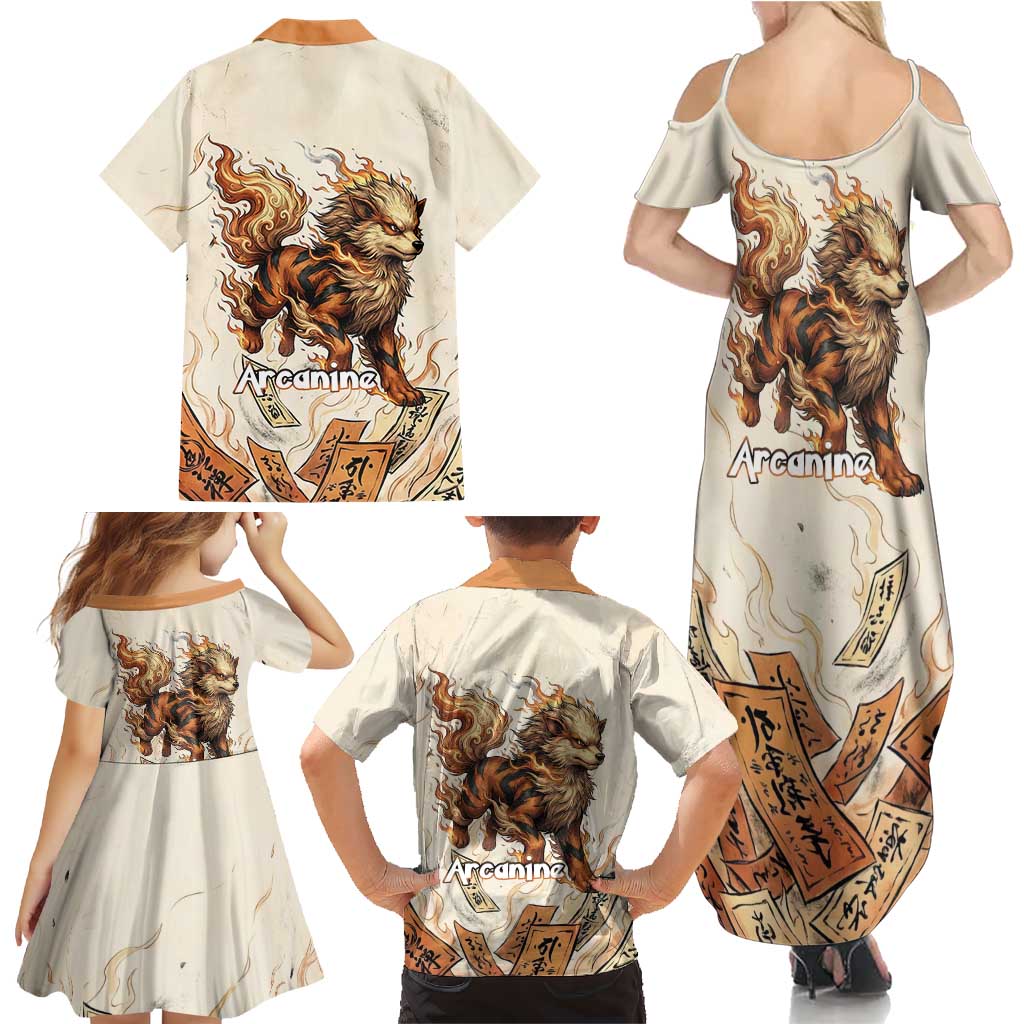 Arcanine Family Matching Summer Maxi Dress and Hawaiian Shirt Japanese Spell Tag Fire Art