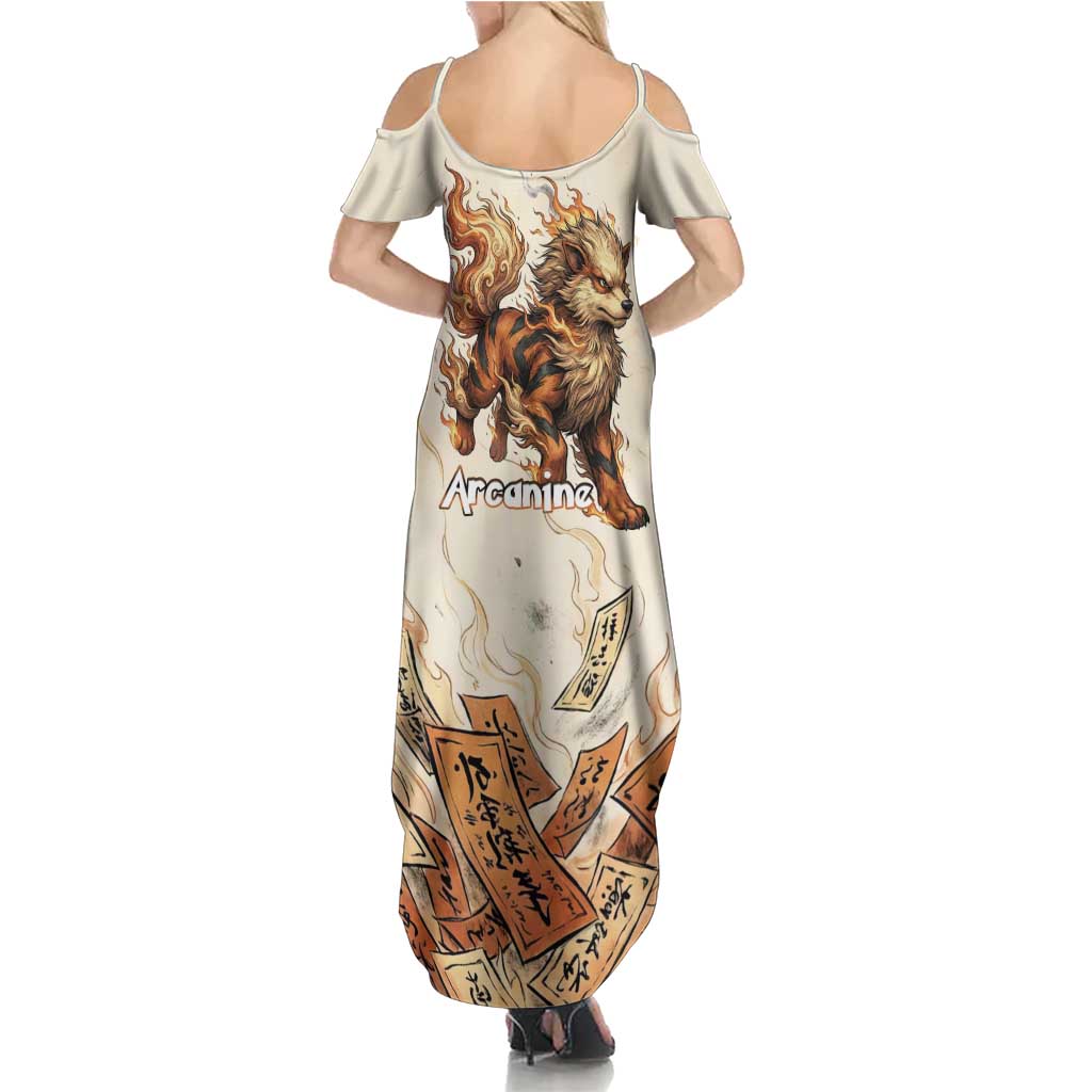 Arcanine Family Matching Summer Maxi Dress and Hawaiian Shirt Japanese Spell Tag Fire Art