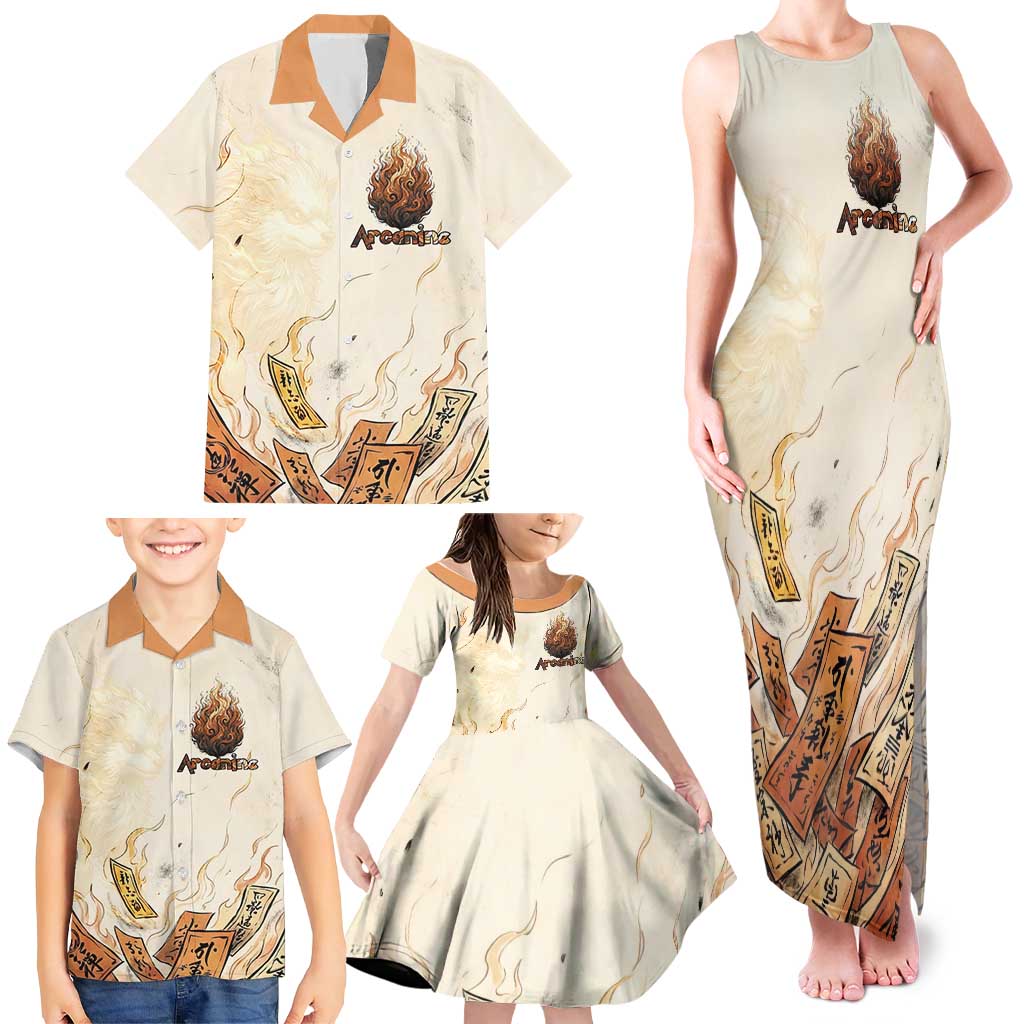 Arcanine Family Matching Tank Maxi Dress and Hawaiian Shirt Japanese Spell Tag Fire Art