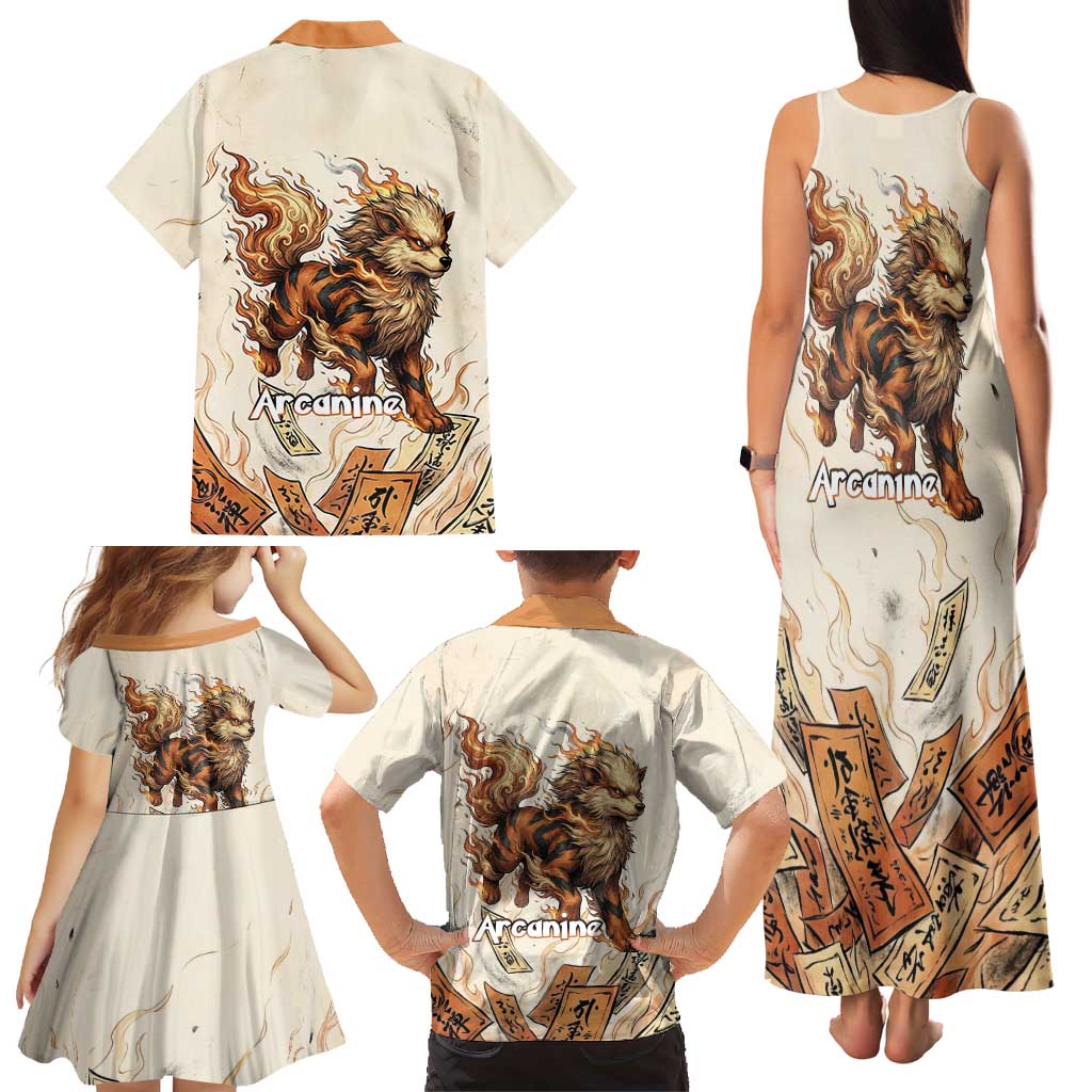 Arcanine Family Matching Tank Maxi Dress and Hawaiian Shirt Japanese Spell Tag Fire Art