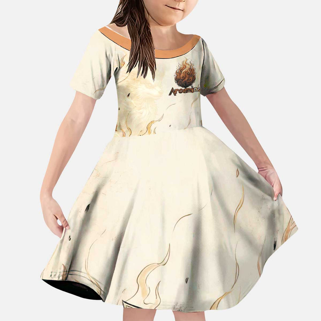 Arcanine Kid Short Sleeve Dress Japanese Spell Tag Fire Art