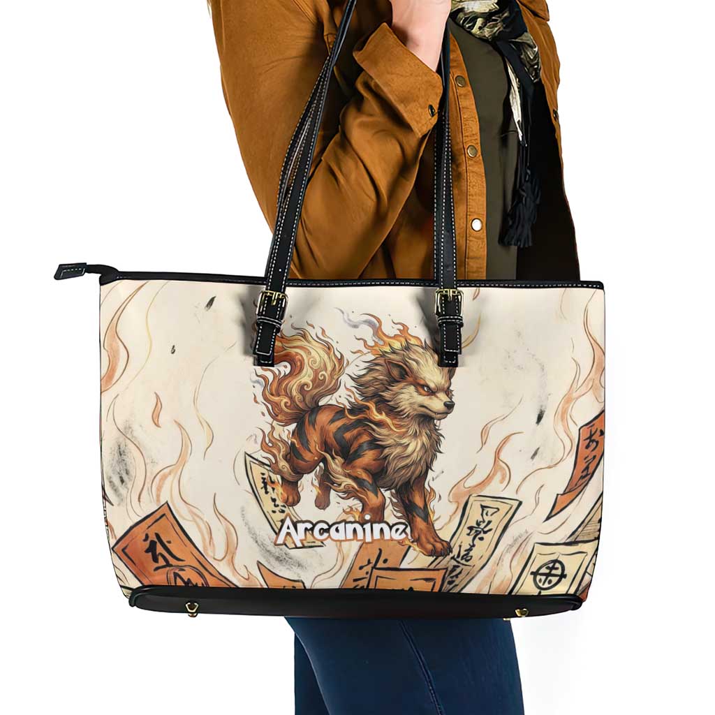 Arcanine Leather Tote Bag Japanese Spell Tag Fire Art