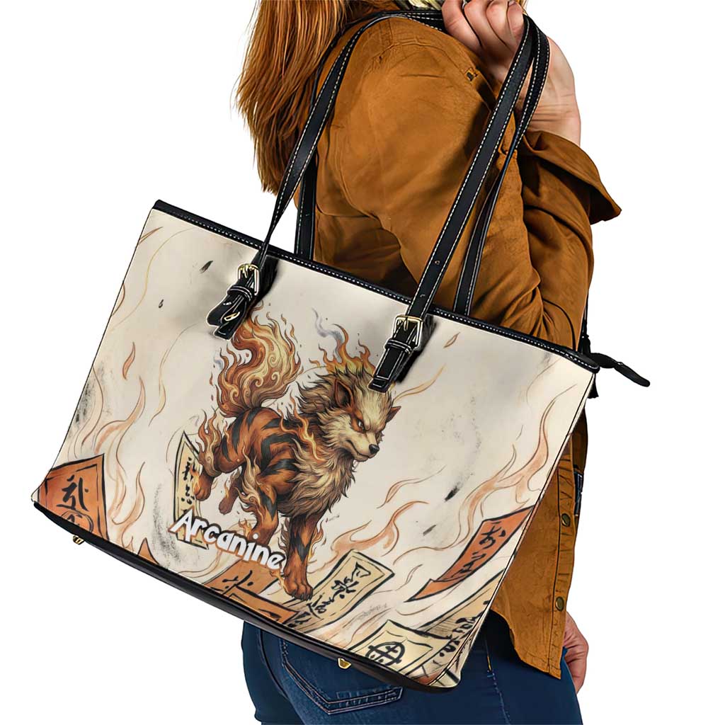 Arcanine Leather Tote Bag Japanese Spell Tag Fire Art