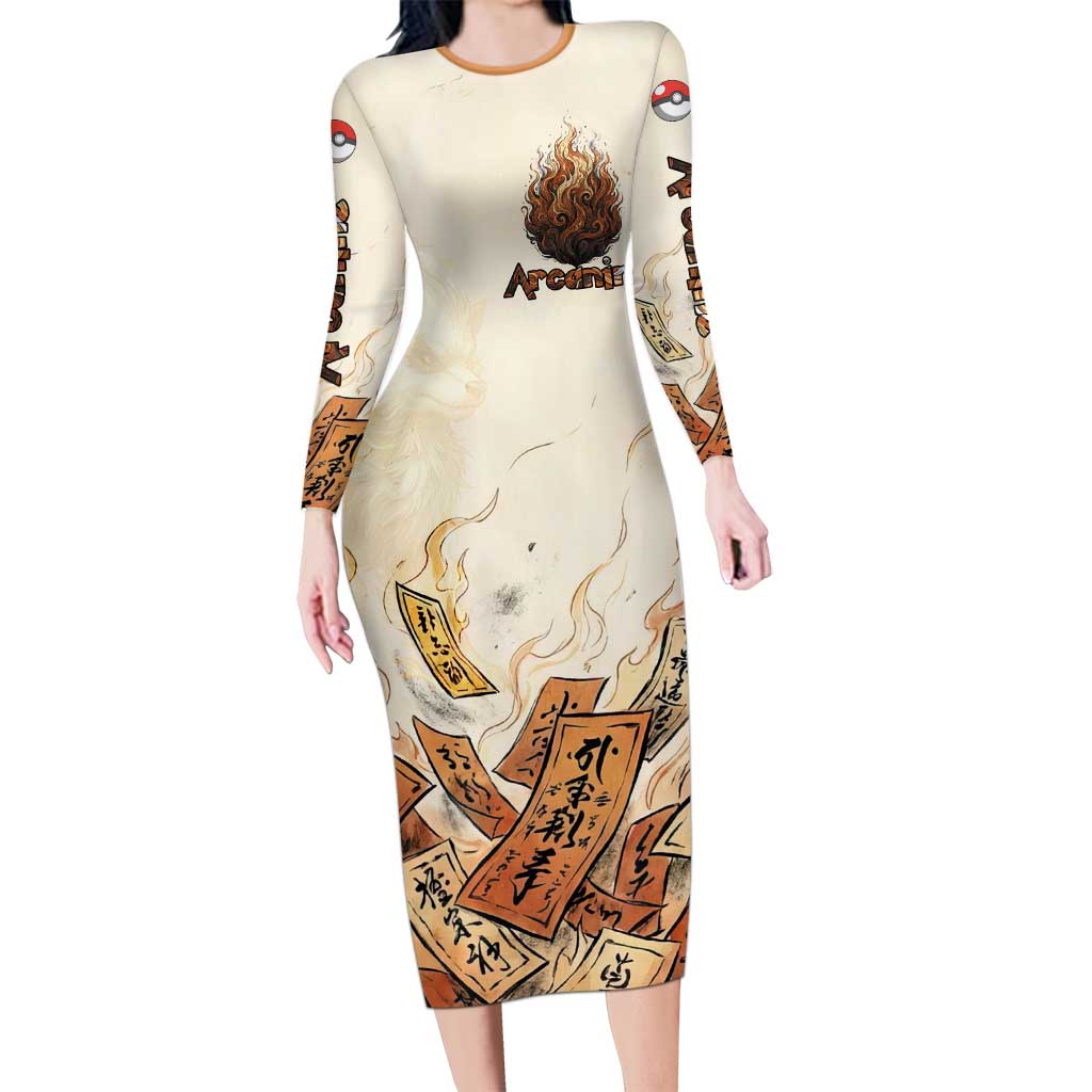 Arcanine Long Sleeve Bodycon Dress Japanese Spell Tag Fire Art