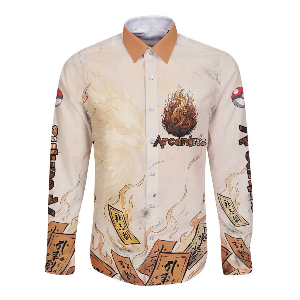 Arcanine Long Sleeve Button Shirt Japanese Spell Tag Fire Art