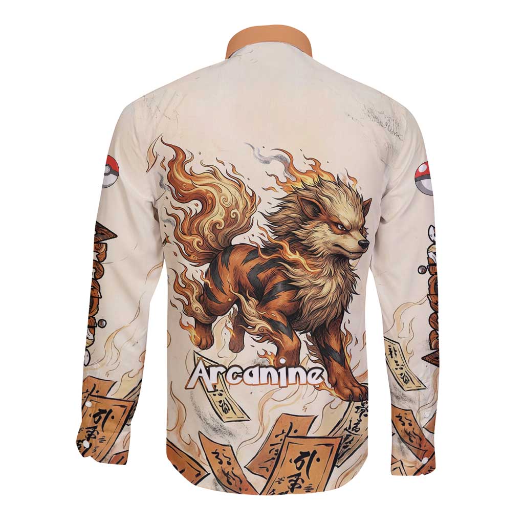 Arcanine Long Sleeve Button Shirt Japanese Spell Tag Fire Art