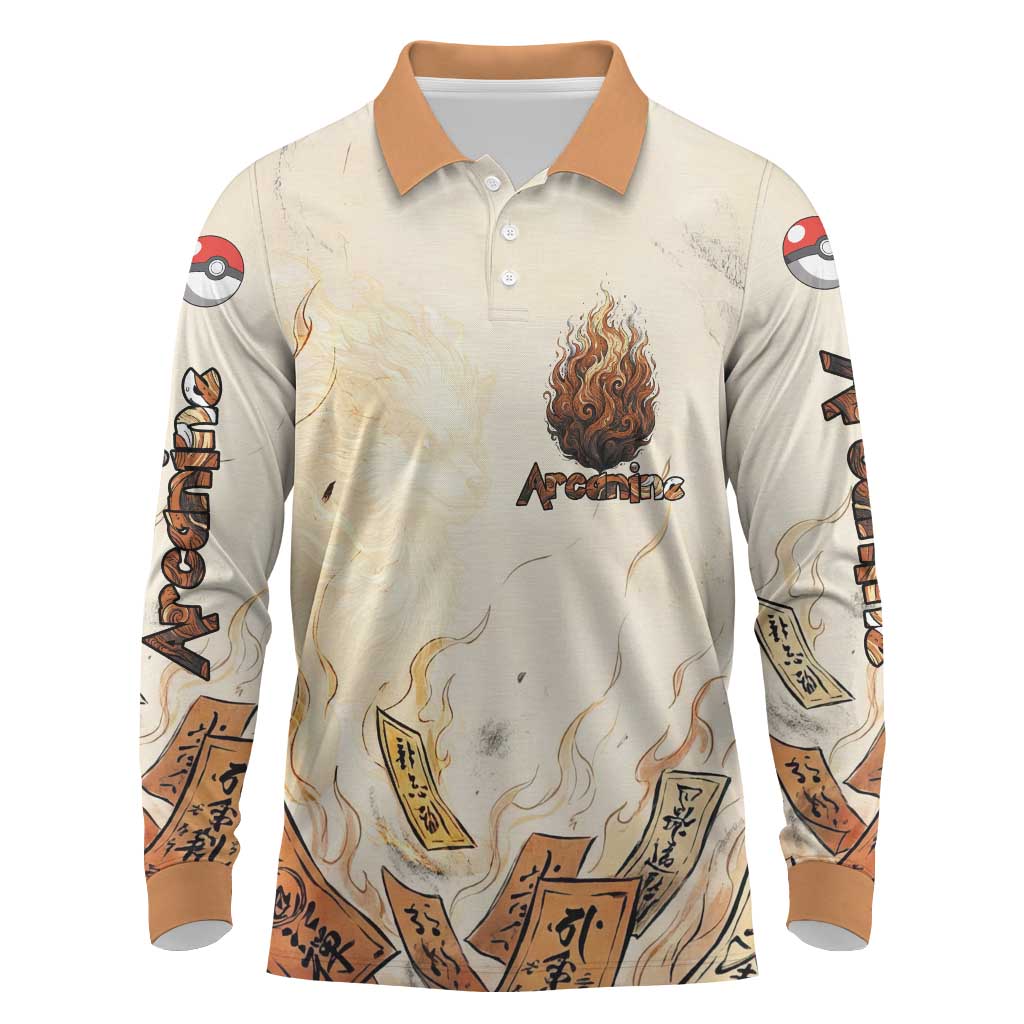 Arcanine Long Sleeve Polo Shirt Japanese Spell Tag Fire Art