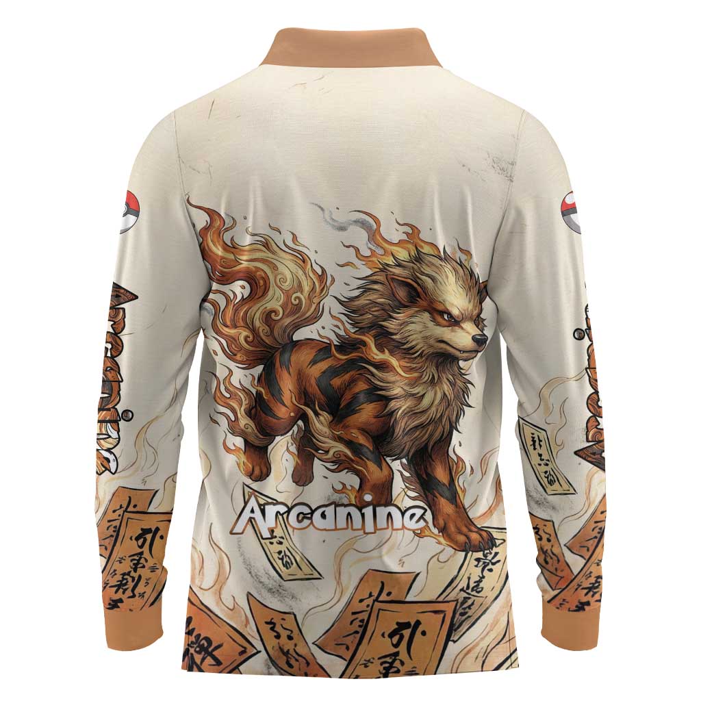Arcanine Long Sleeve Polo Shirt Japanese Spell Tag Fire Art