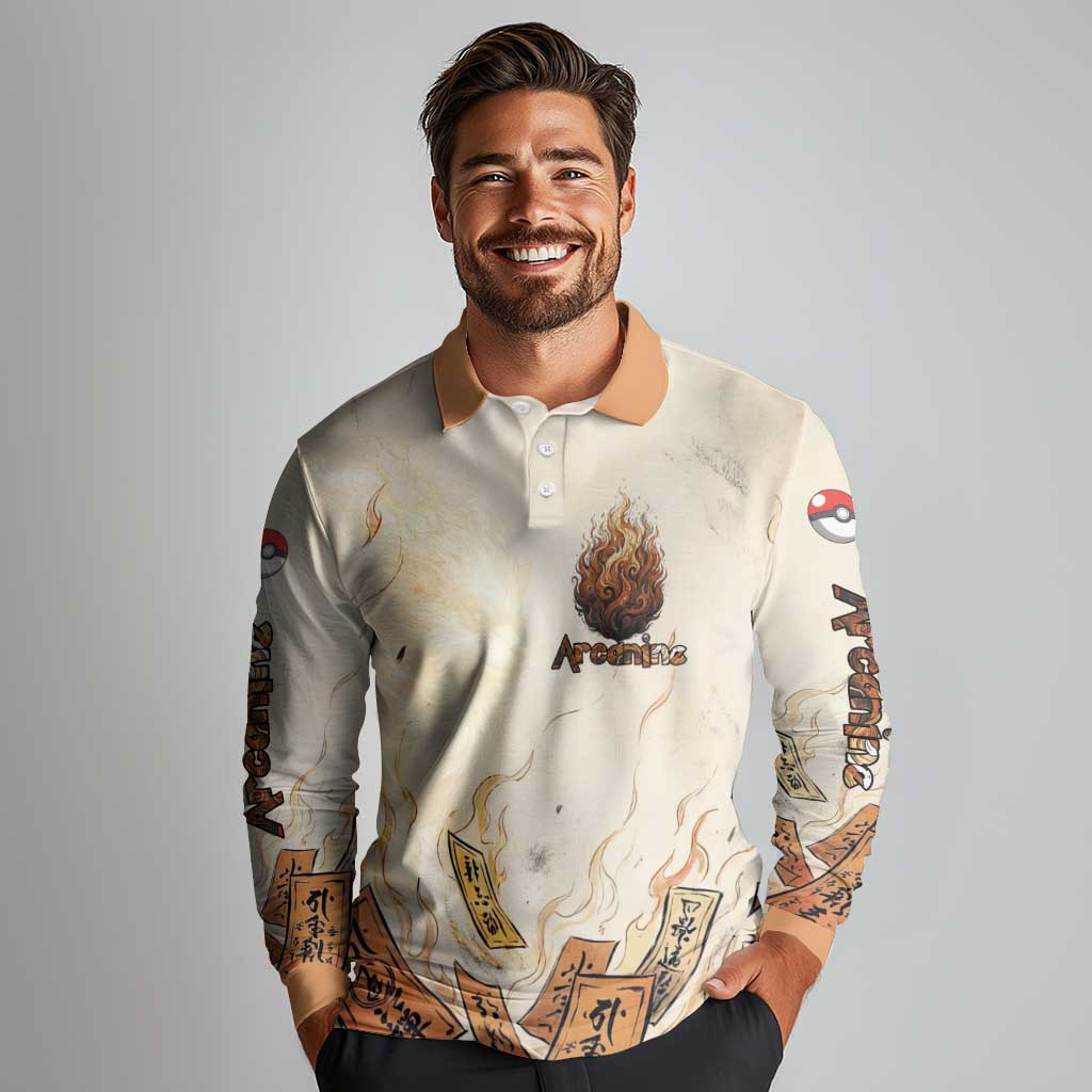 Arcanine Long Sleeve Polo Shirt Japanese Spell Tag Fire Art