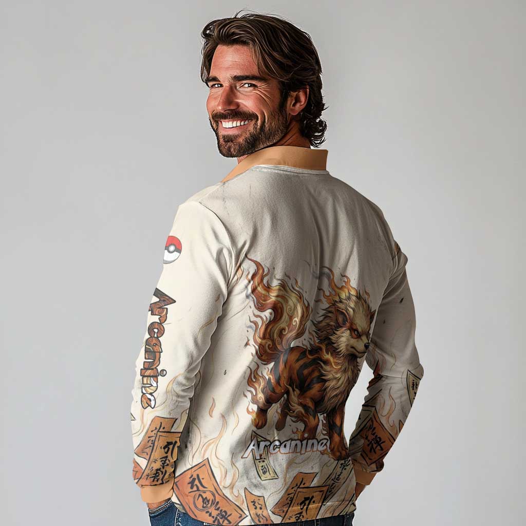 Arcanine Long Sleeve Polo Shirt Japanese Spell Tag Fire Art