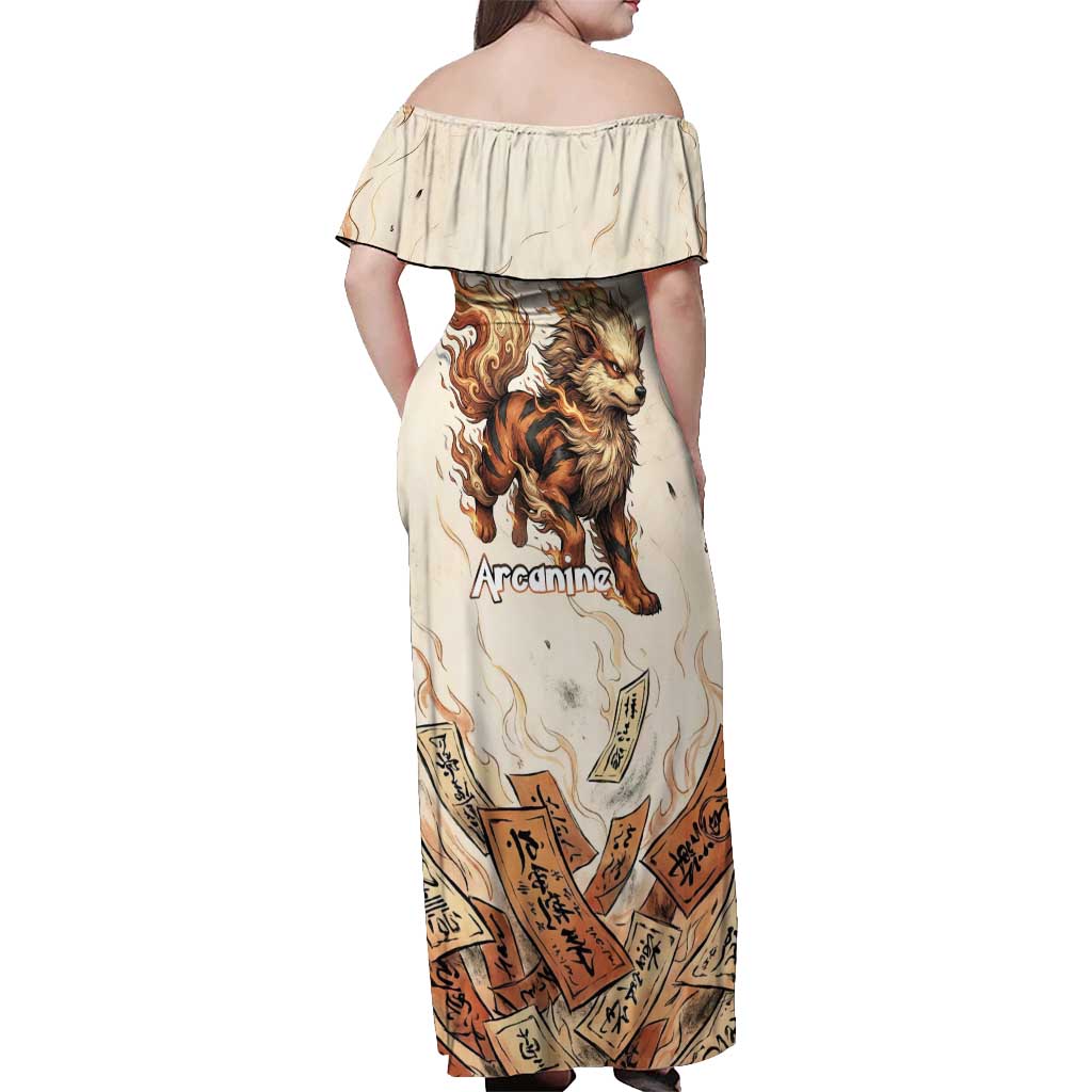 Arcanine Off Shoulder Maxi Dress Japanese Spell Tag Fire Art