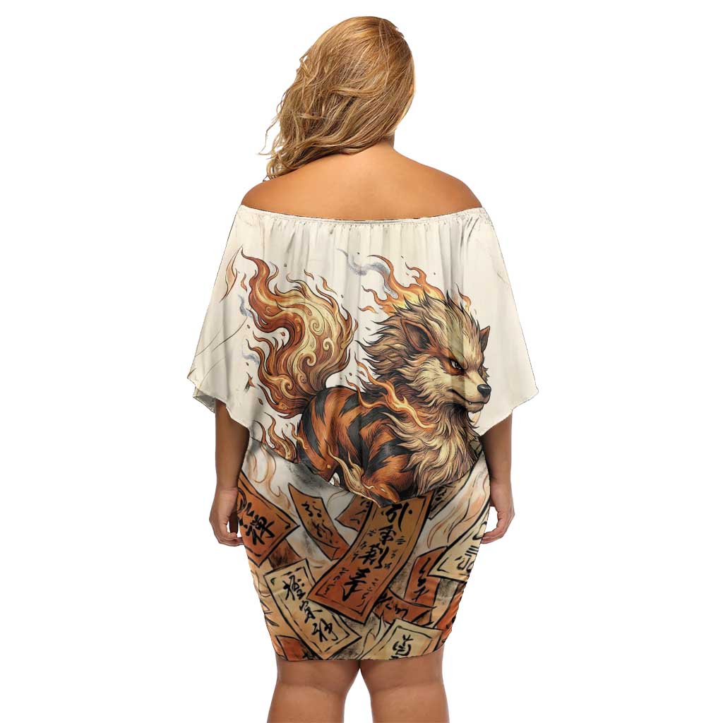 Arcanine Off Shoulder Short Dress Japanese Spell Tag Fire Art