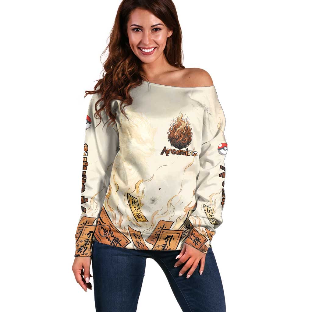 Arcanine Off Shoulder Sweater Japanese Spell Tag Fire Art
