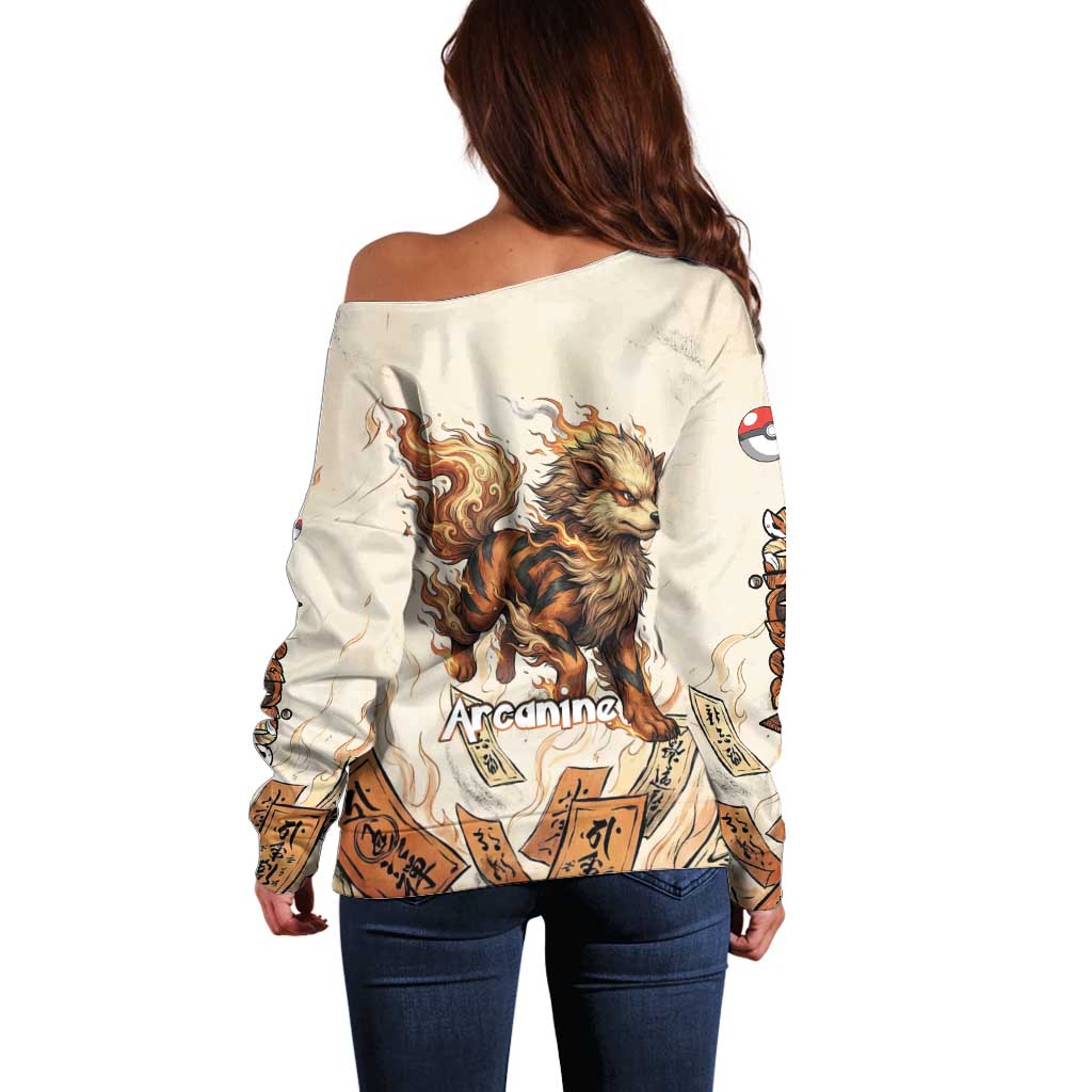 Arcanine Off Shoulder Sweater Japanese Spell Tag Fire Art
