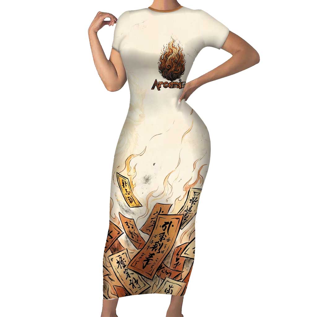 Arcanine Short Sleeve Bodycon Dress Japanese Spell Tag Fire Art