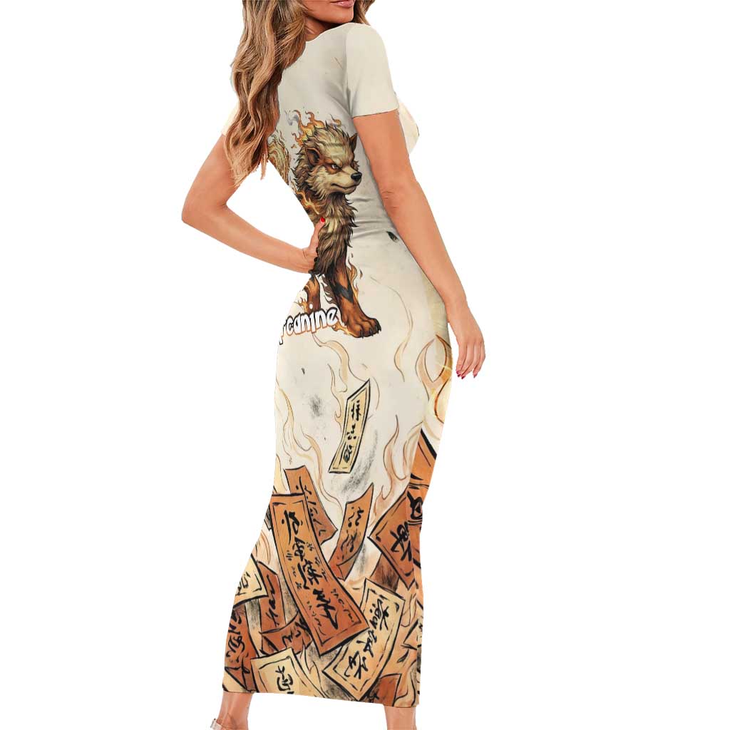 Arcanine Short Sleeve Bodycon Dress Japanese Spell Tag Fire Art