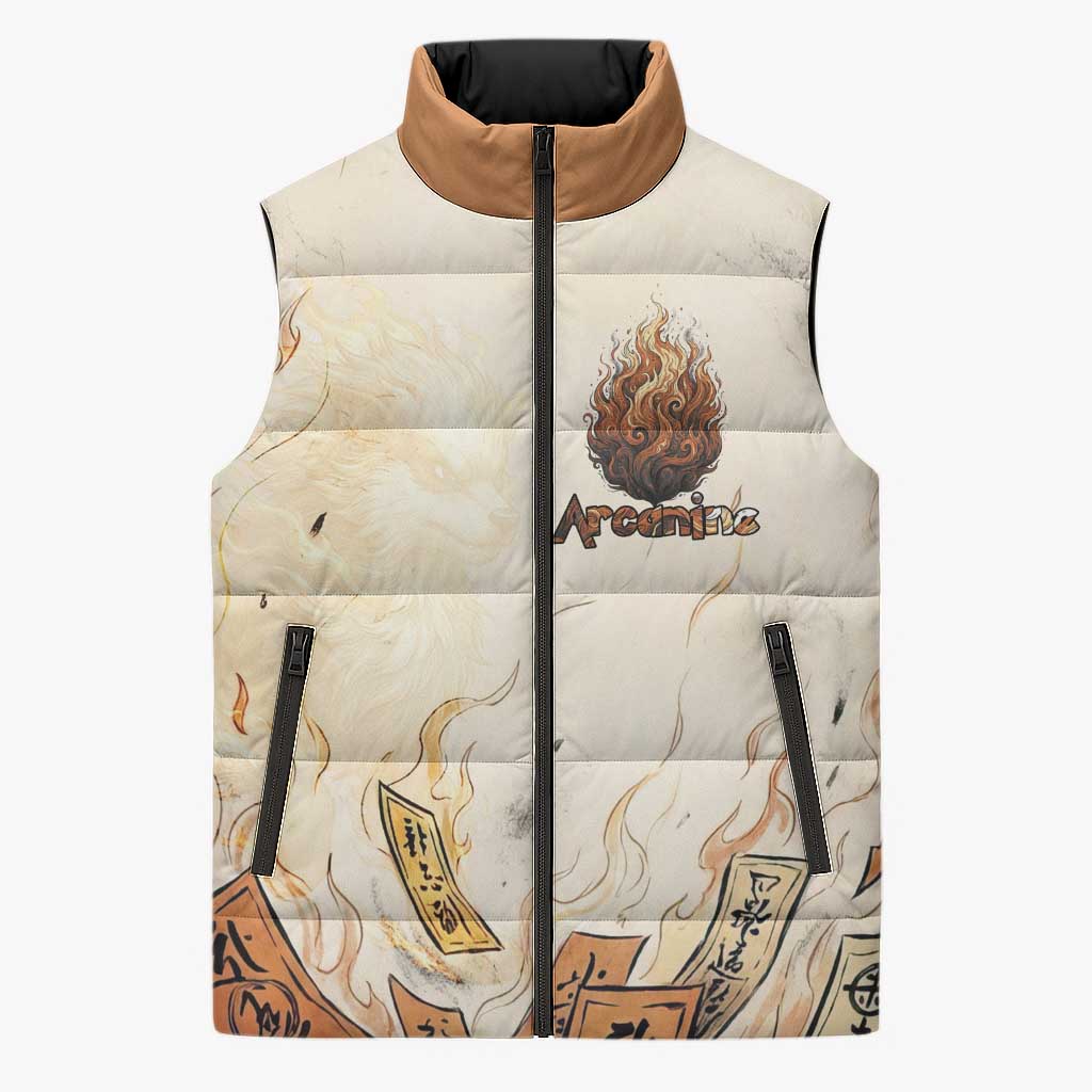 Arcanine Sleeveless Puffer Jacket Japanese Spell Tag Fire Art