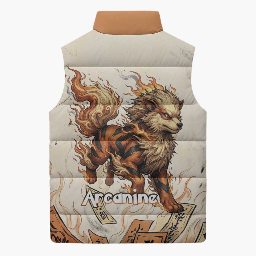 Arcanine Sleeveless Puffer Jacket Japanese Spell Tag Fire Art