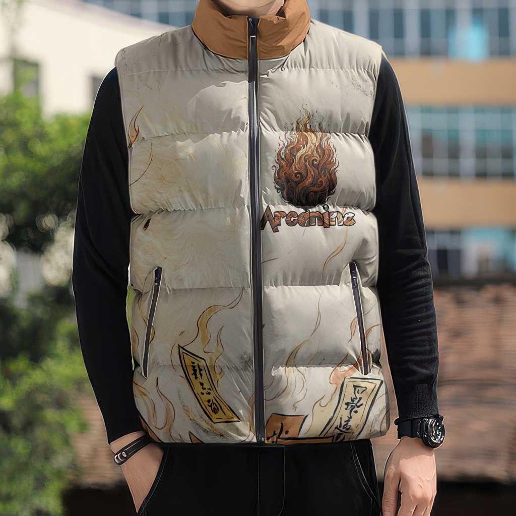 Arcanine Sleeveless Puffer Jacket Japanese Spell Tag Fire Art