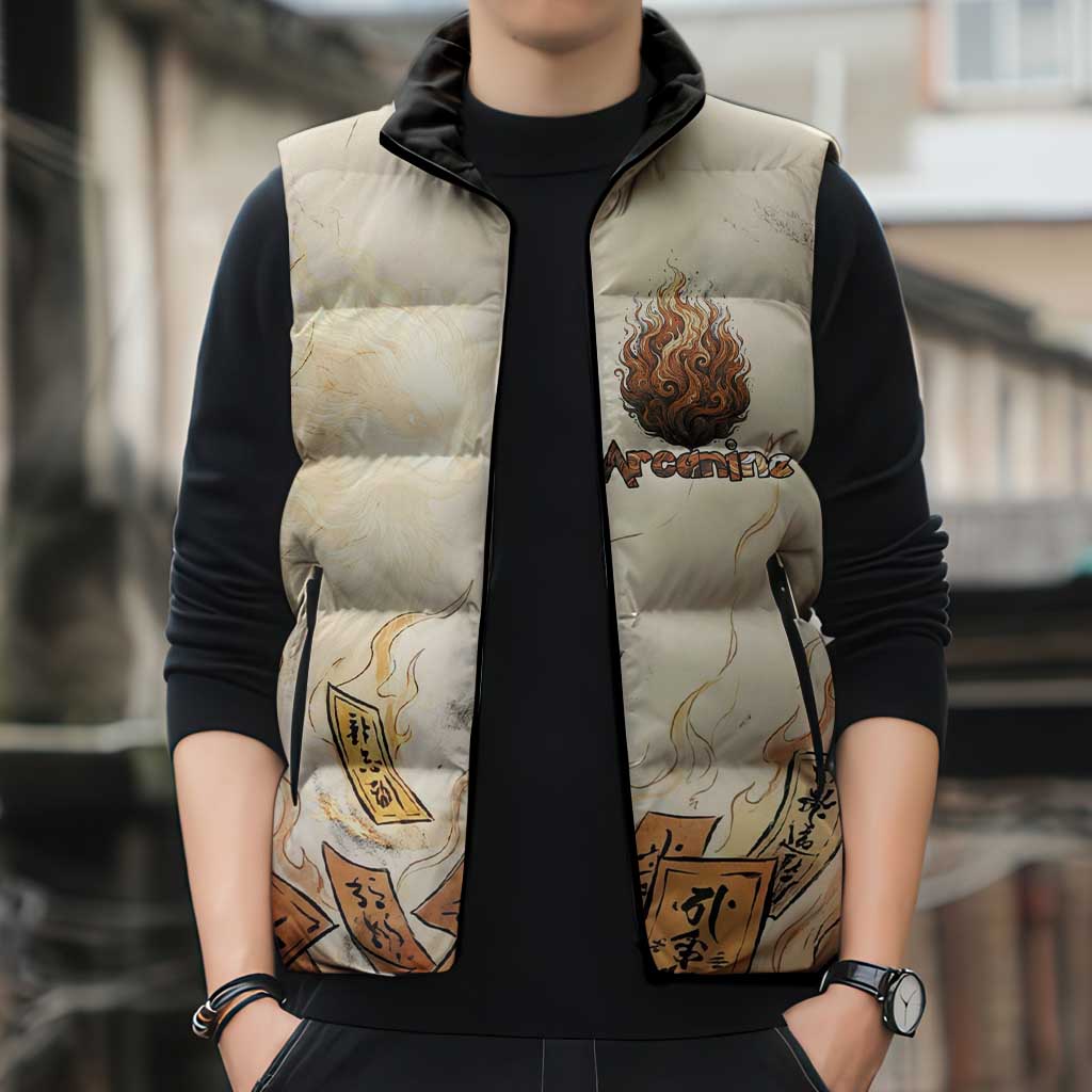 Arcanine Sleeveless Puffer Jacket Japanese Spell Tag Fire Art