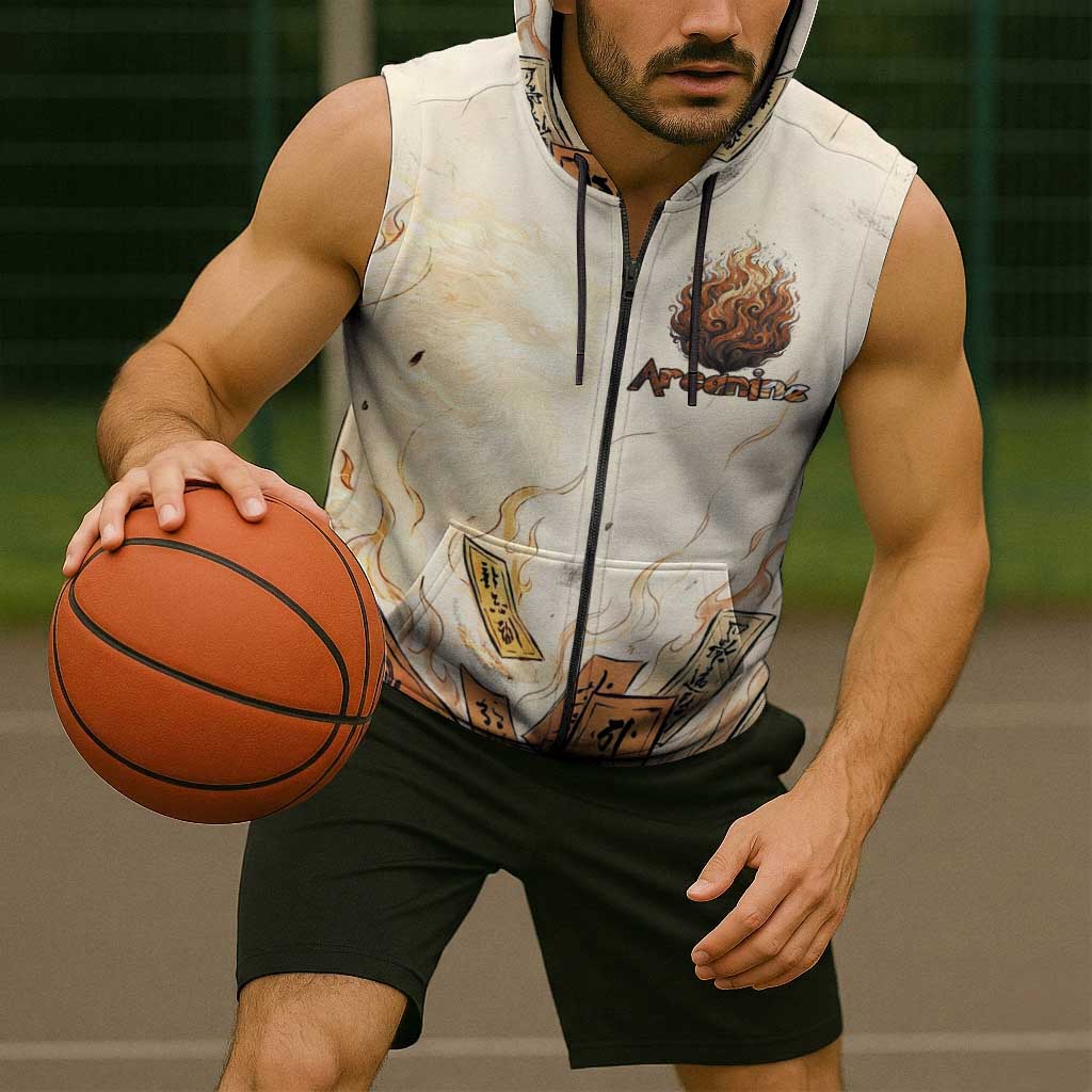 Arcanine Sleeveless Zip Hoodie Japanese Spell Tag Fire Art