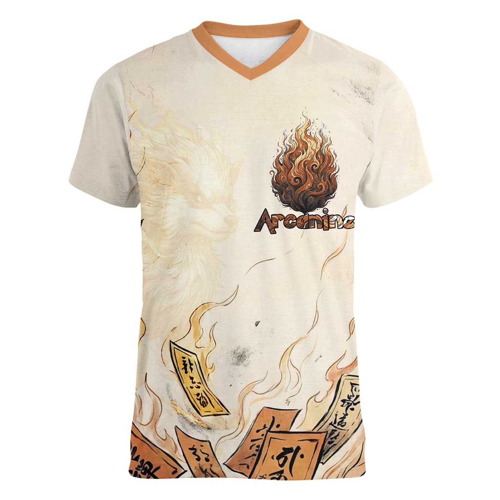 Arcanine Women V-Neck T-Shirt Japanese Spell Tag Fire Art