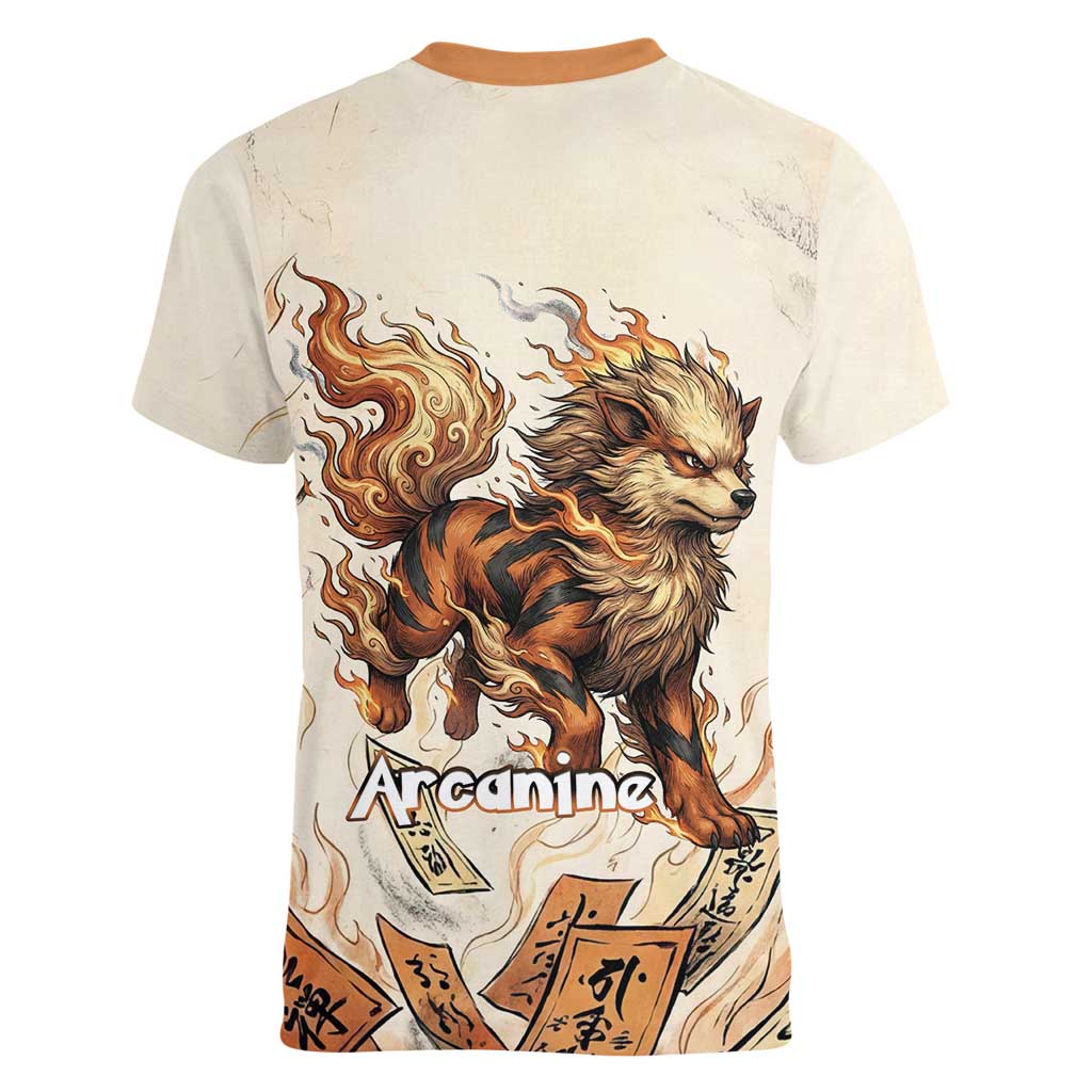 Arcanine Women V-Neck T-Shirt Japanese Spell Tag Fire Art