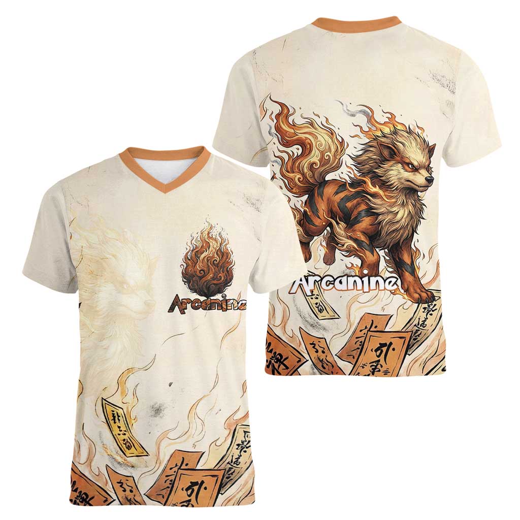 Arcanine Women V-Neck T-Shirt Japanese Spell Tag Fire Art