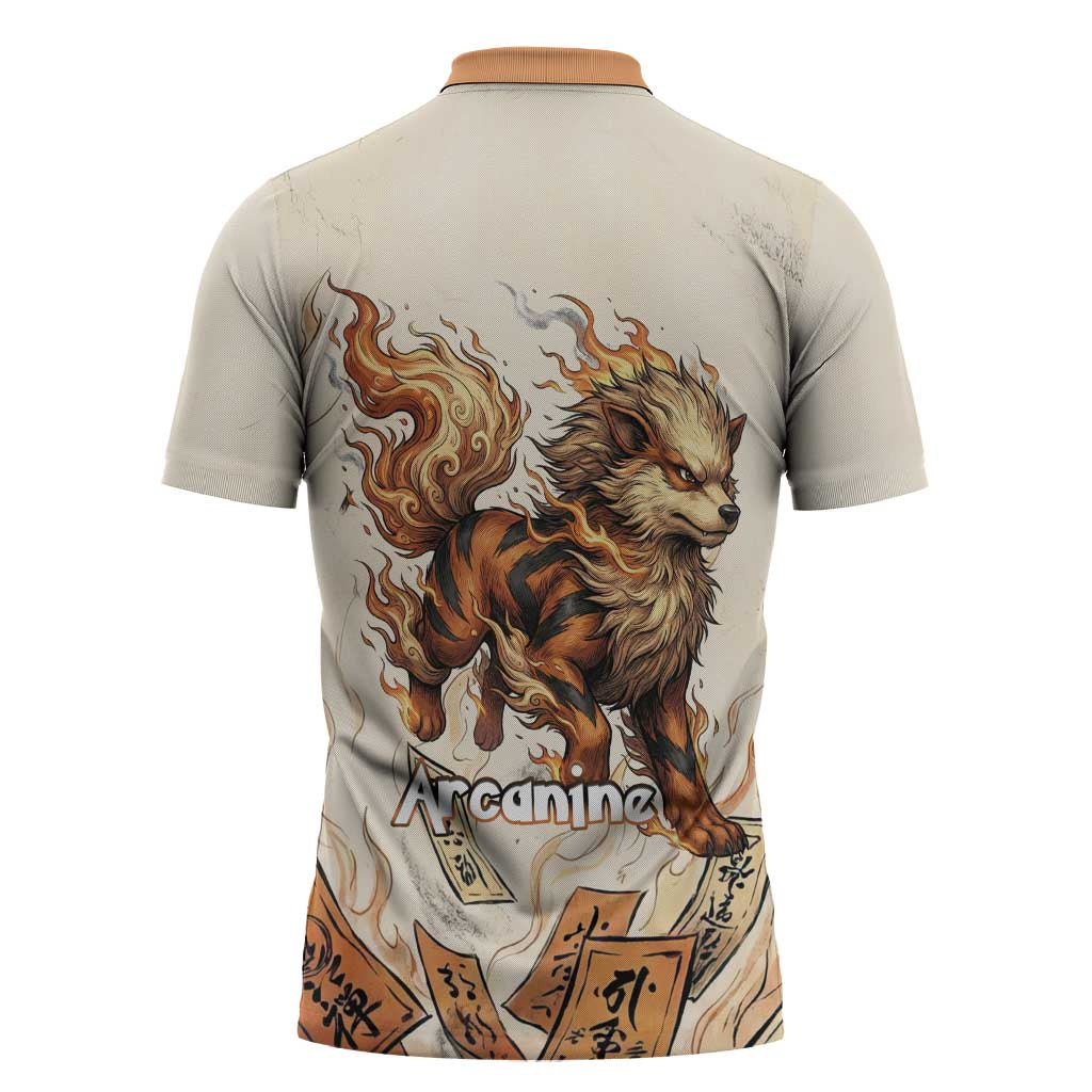 Arcanine Zipper Polo Shirt Japanese Spell Tag Fire Art