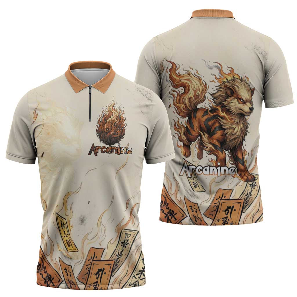 Arcanine Zipper Polo Shirt Japanese Spell Tag Fire Art