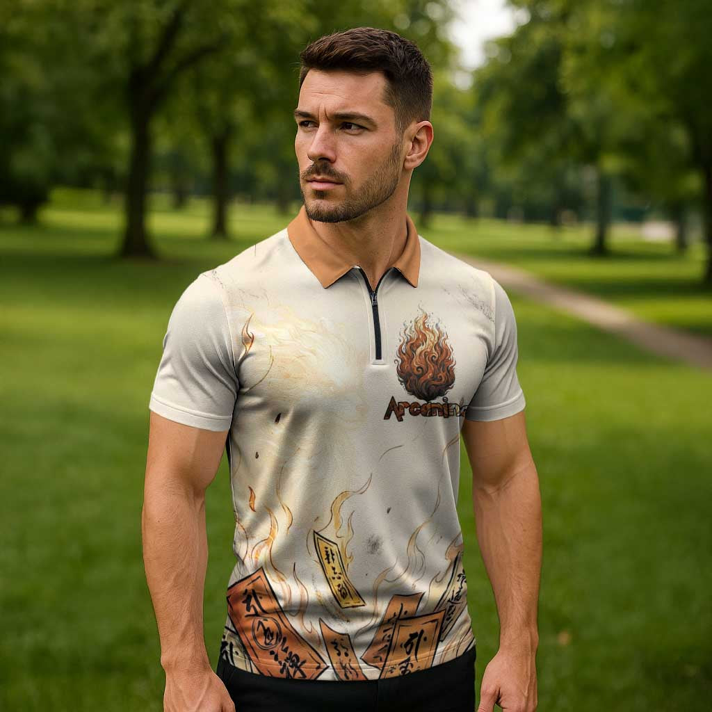 Arcanine Zipper Polo Shirt Japanese Spell Tag Fire Art