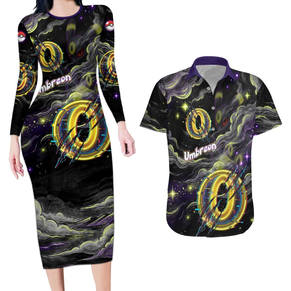 Umbreon Couples Matching Long Sleeve Bodycon Dress and Hawaiian Shirt Cosmic Neon Galaxy Art