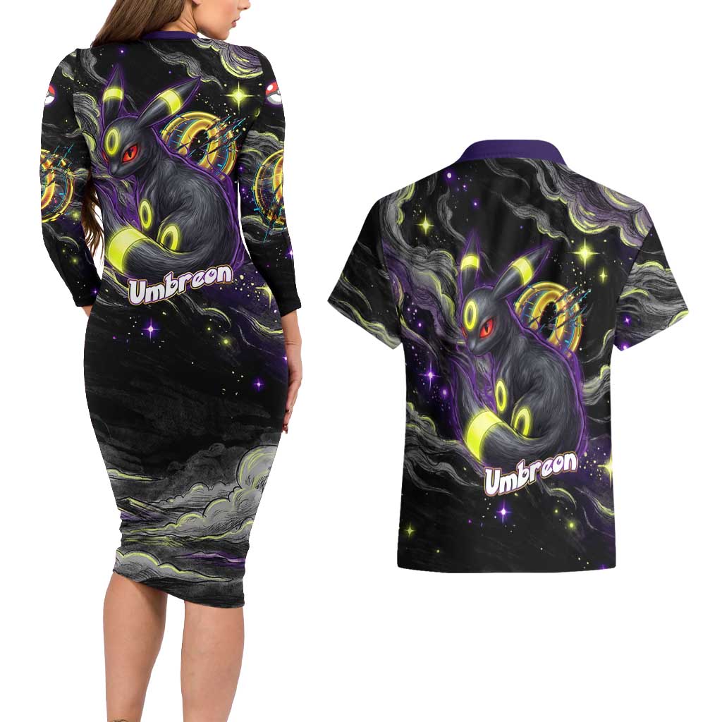 Umbreon Couples Matching Long Sleeve Bodycon Dress and Hawaiian Shirt Cosmic Neon Galaxy Art