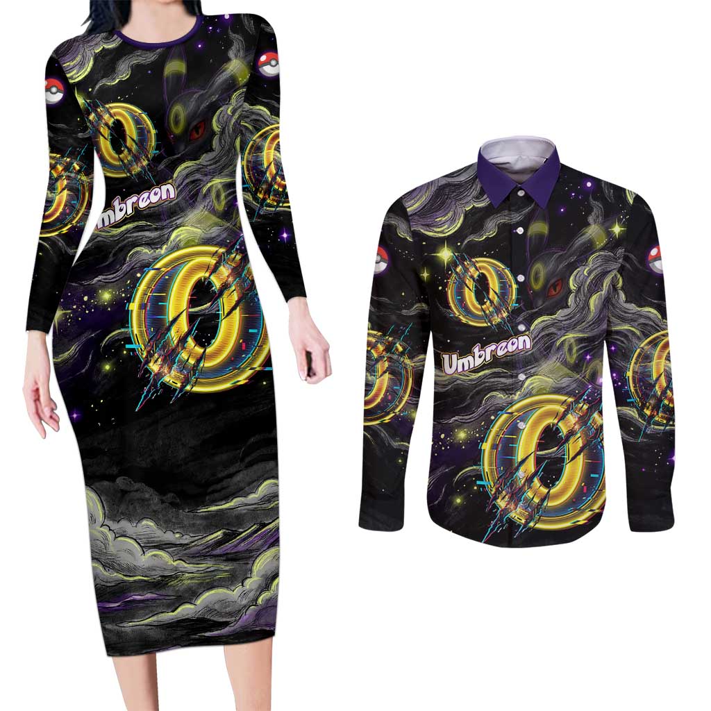 Umbreon Couples Matching Long Sleeve Bodycon Dress and Long Sleeve Button Shirt Cosmic Neon Galaxy Art