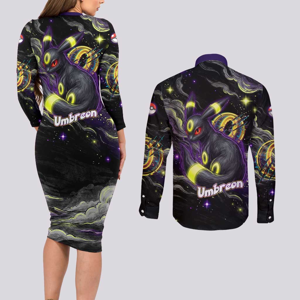 Umbreon Couples Matching Long Sleeve Bodycon Dress and Long Sleeve Button Shirt Cosmic Neon Galaxy Art
