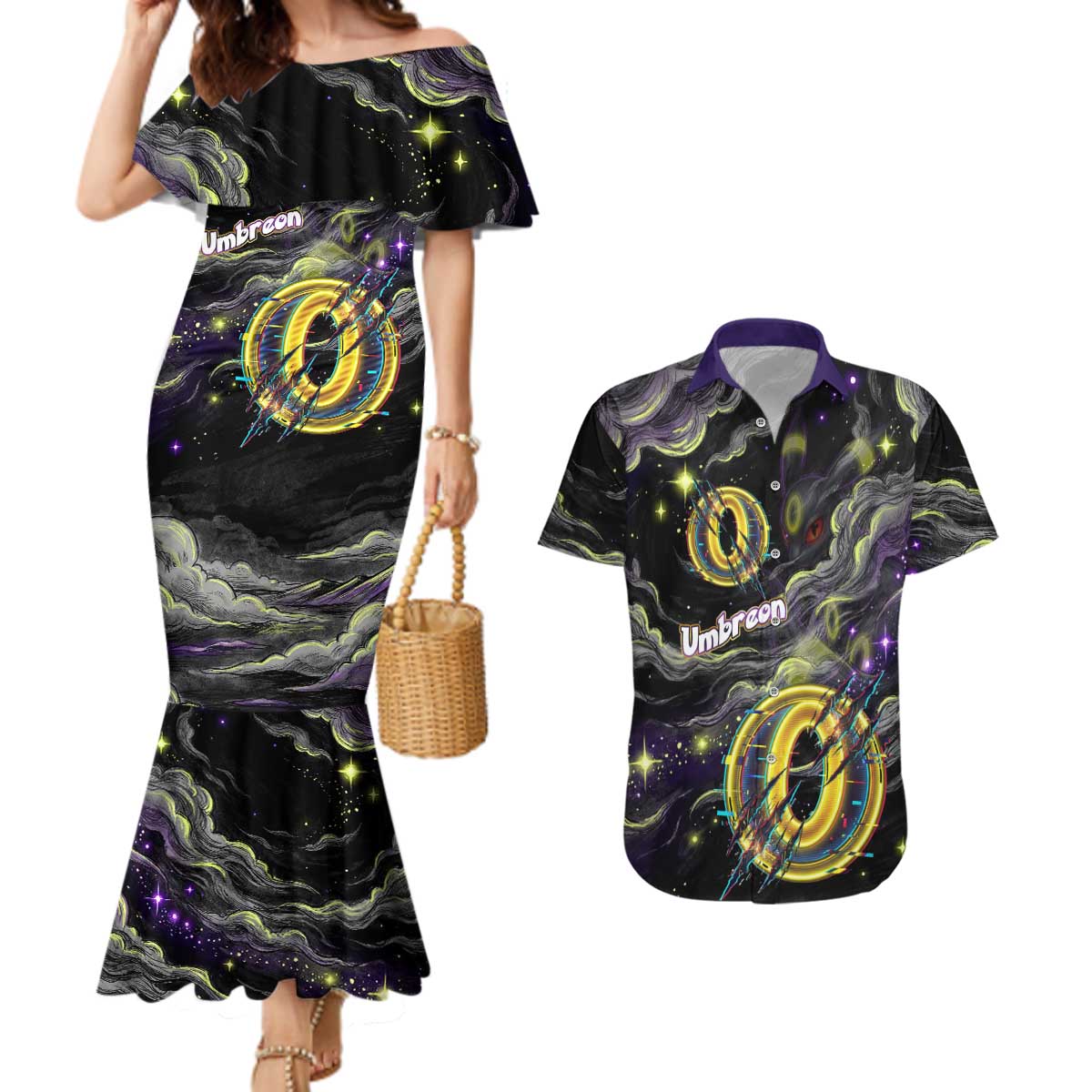 Umbreon Couples Matching Mermaid Dress and Hawaiian Shirt Cosmic Neon Galaxy Art