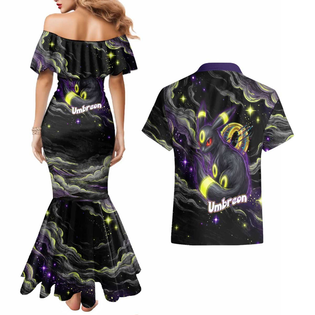 Umbreon Couples Matching Mermaid Dress and Hawaiian Shirt Cosmic Neon Galaxy Art
