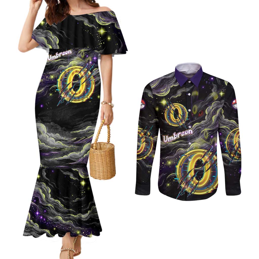 Umbreon Couples Matching Mermaid Dress and Long Sleeve Button Shirt Cosmic Neon Galaxy Art