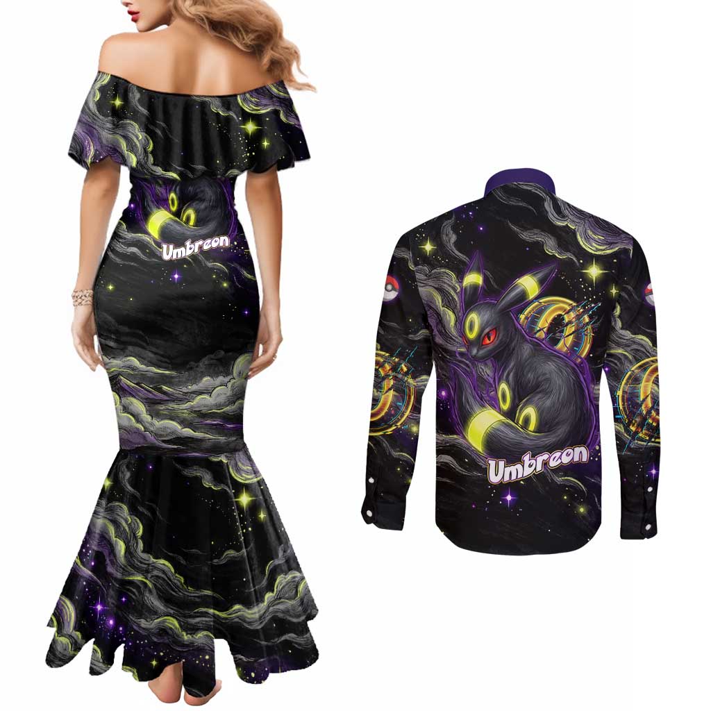 Umbreon Couples Matching Mermaid Dress and Long Sleeve Button Shirt Cosmic Neon Galaxy Art