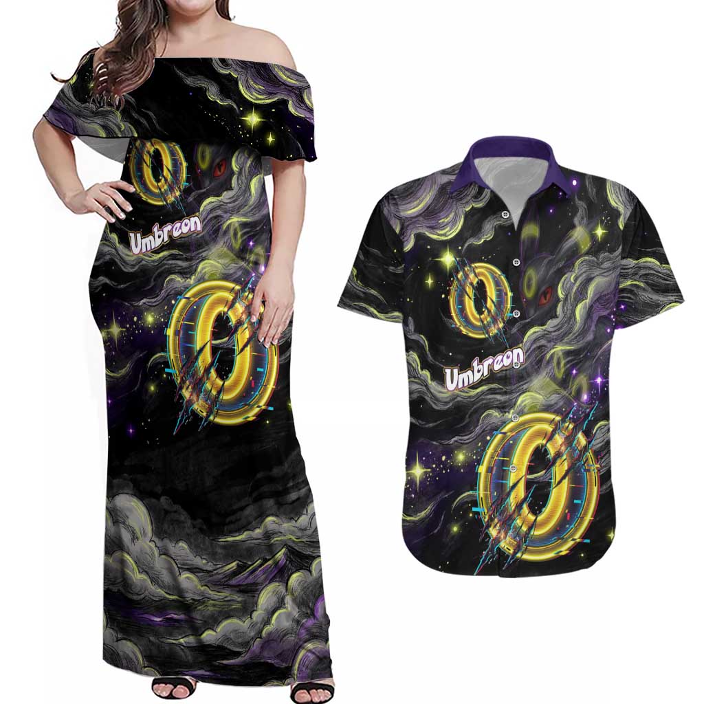 Umbreon Couples Matching Off Shoulder Maxi Dress and Hawaiian Shirt Cosmic Neon Galaxy Art