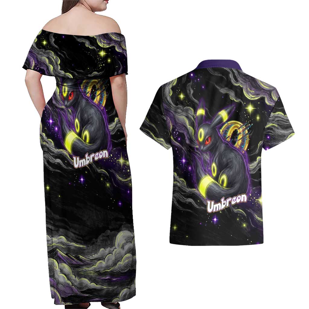 Umbreon Couples Matching Off Shoulder Maxi Dress and Hawaiian Shirt Cosmic Neon Galaxy Art