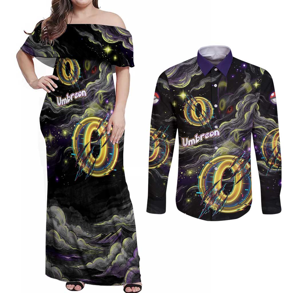Umbreon Couples Matching Off Shoulder Maxi Dress and Long Sleeve Button Shirt Cosmic Neon Galaxy Art