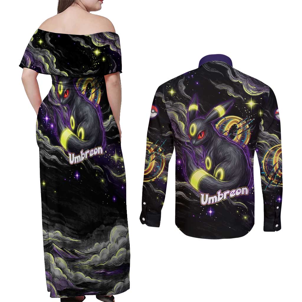 Umbreon Couples Matching Off Shoulder Maxi Dress and Long Sleeve Button Shirt Cosmic Neon Galaxy Art