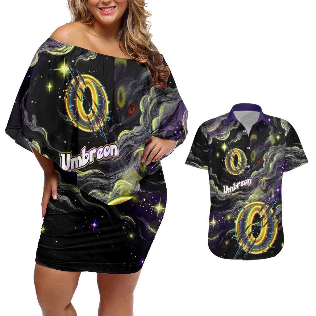 Umbreon Couples Matching Off Shoulder Short Dress and Hawaiian Shirt Cosmic Neon Galaxy Art