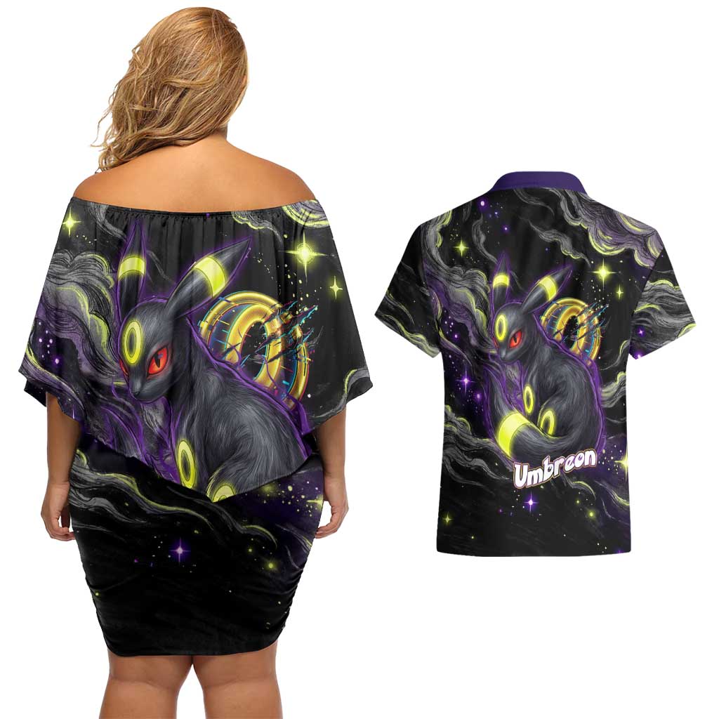 Umbreon Couples Matching Off Shoulder Short Dress and Hawaiian Shirt Cosmic Neon Galaxy Art